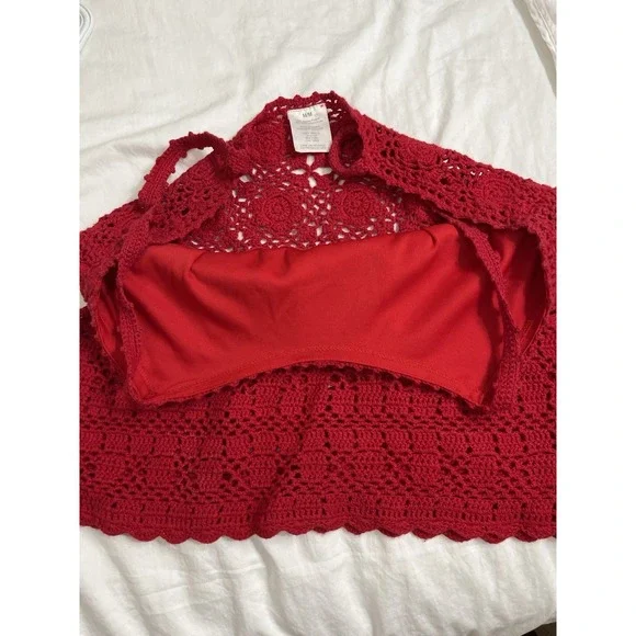 Babydoll Crochet Red Tank Top Size M BOHO Sheer Lined Bra Feminine Festival Airy - Picture 5 of 7